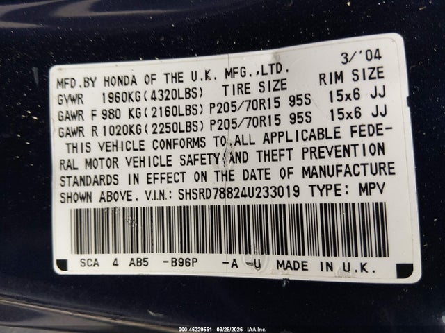 Aukcja sprzedaży 2004 Honda Cr-v Ex, vin: SHSRD78824U233019, numer aukcji: 46229551