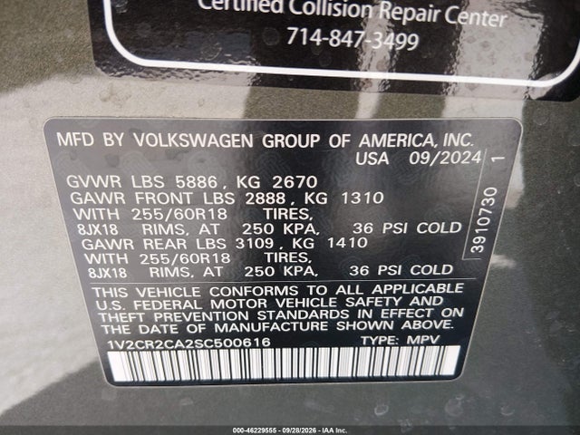 2025 Volkswagen Atlas 2.0t Peak Edition მანქანა იყიდება აუქციონზე, vin: 1V2CR2CA2SC500616, აუქციონის ნომერი: 46229555