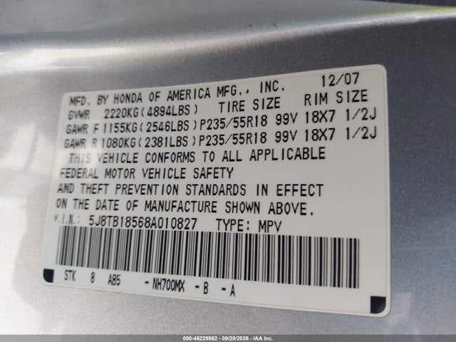 Продажа на аукционе авто 2008 Acura Rdx, vin: 5J8TB18568A010827, номер лота: 46229562