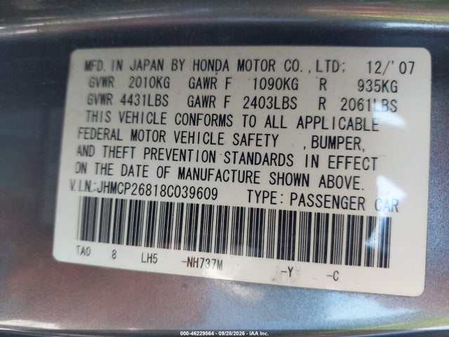 46229564 :رقم المزاد ، JHMCP26818C039609 vin ، 2008 Honda Accord 2.4 Ex-l مزاد بيع