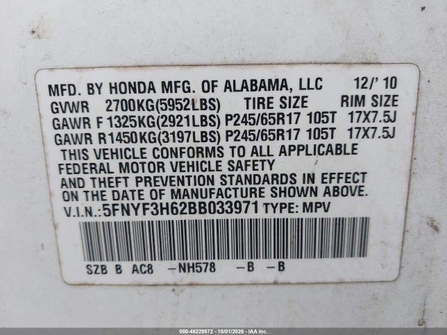 Продаж на аукціоні авто 2011 Honda Pilot Ex-l, vin: 5FNYF3H62BB033971, номер лоту: 46229572