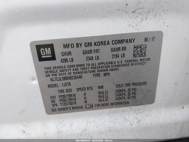 46229578 :رقم المزاد ، KL7CJLSB8HB235446 vin ، 2017 Chevrolet Trax Lt مزاد بيع