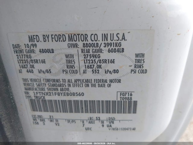 46229586 :رقم المزاد ، 1FTNX21F8YEB08560 vin ، 2000 Ford F-250 Lariat/xl/xlt مزاد بيع