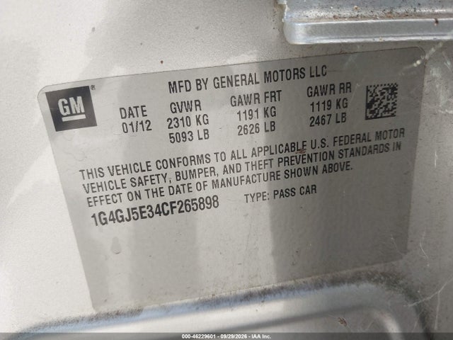 Продаж на аукціоні авто 2012 Buick Lacrosse Touring Group, vin: 1G4GJ5E34CF265898, номер лоту: 46229601