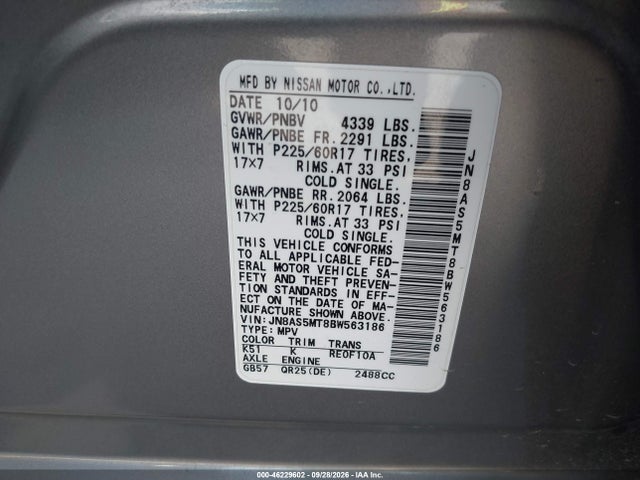 46229602 :رقم المزاد ، JN8AS5MT8BW563186 vin ، 2011 Nissan Rogue Sv مزاد بيع