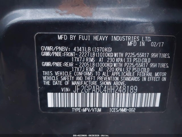 Aukcja sprzedaży 2017 Subaru Crosstrek 2.0i Premium, vin: JF2GPABC4HH248189, numer aukcji: 46229606
