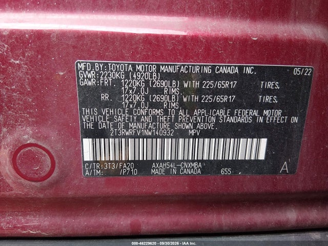 Aukcja sprzedaży 2022 Toyota Rav4 Hybrid Xle, vin: 2T3RWRFV1NW140932, numer aukcji: 46229620