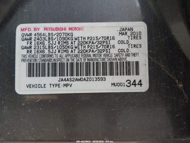 2010 Mitsubishi Outlander Es მანქანა იყიდება აუქციონზე, vin: JA4AS2AW0AZ013593, აუქციონის ნომერი: 46229628