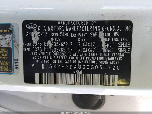 Auction sale of the 2016 Kia Sorento 2.4l Lx, vin: 5XYPGDA39GG050720, lot number: 46229631