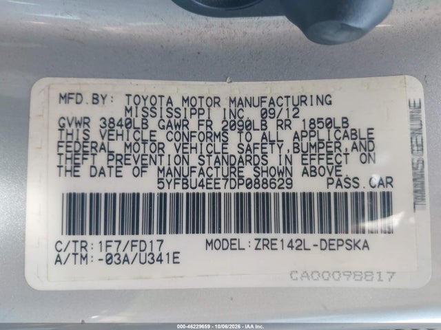 Aukcja sprzedaży 2013 Toyota Corolla S, vin: 5YFBU4EE7DP088629, numer aukcji: 46229659