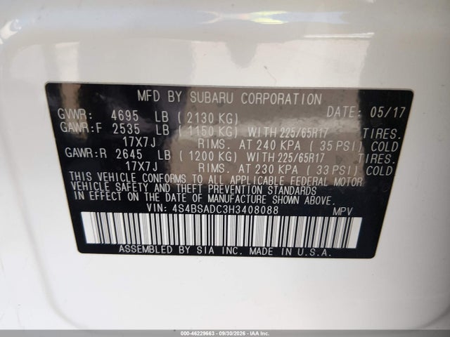 Aukcja sprzedaży 2017 Subaru Outback 2.5i Premium, vin: 4S4BSADC3H3408088, numer aukcji: 46229663