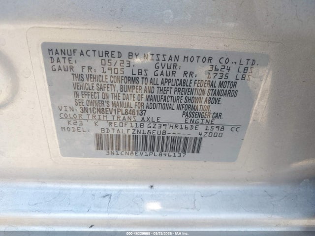 46229665 :رقم المزاد ، 3N1CN8EV1PL846137 vin ، 2023 Nissan Versa 1.6 Sv Xtronic Cvt مزاد بيع
