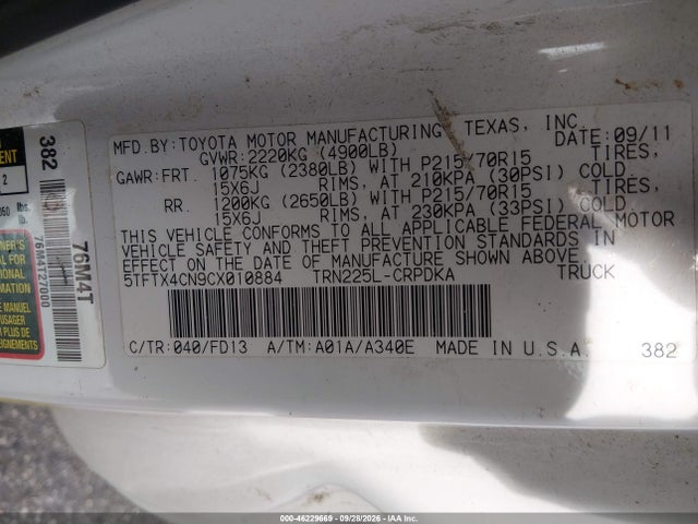 2012 Toyota Tacoma მანქანა იყიდება აუქციონზე, vin: 5TFTX4CN9CX010884, აუქციონის ნომერი: 46229669