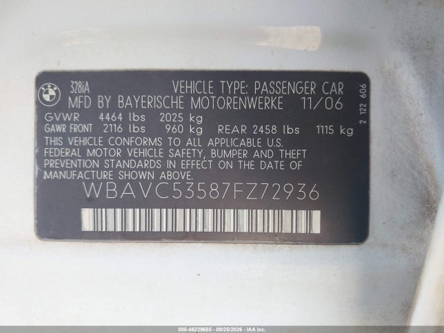 Продаж на аукціоні авто 2007 Bmw 328i, vin: WBAVC53587FZ72936, номер лоту: 46229685