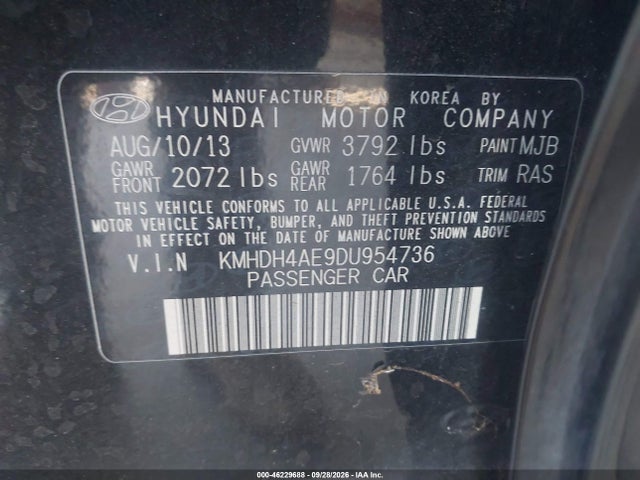 2013 Hyundai Elantra Gls მანქანა იყიდება აუქციონზე, vin: KMHDH4AE9DU954736, აუქციონის ნომერი: 46229688