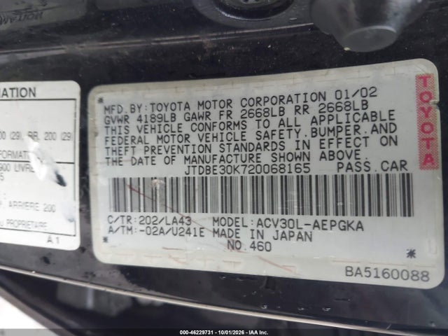 2002 Toyota Camry Xle მანქანა იყიდება აუქციონზე, vin: JTDBE30K720068165, აუქციონის ნომერი: 46229731