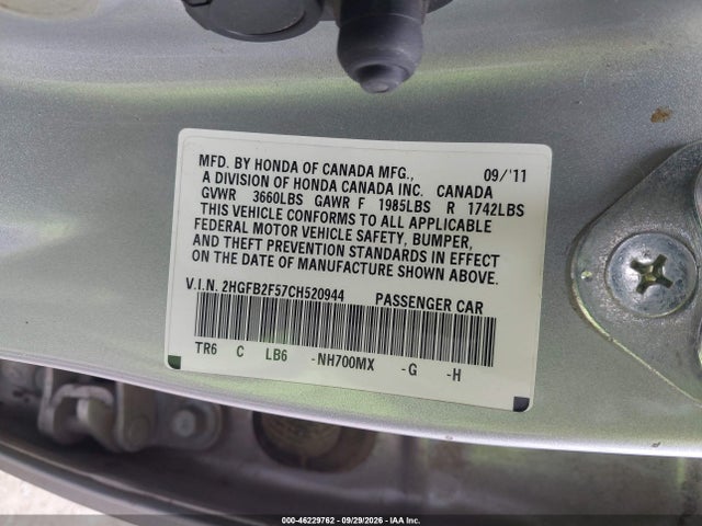 Aukcja sprzedaży 2012 Honda Civic Lx, vin: 2HGFB2F57CH520944, numer aukcji: 46229762
