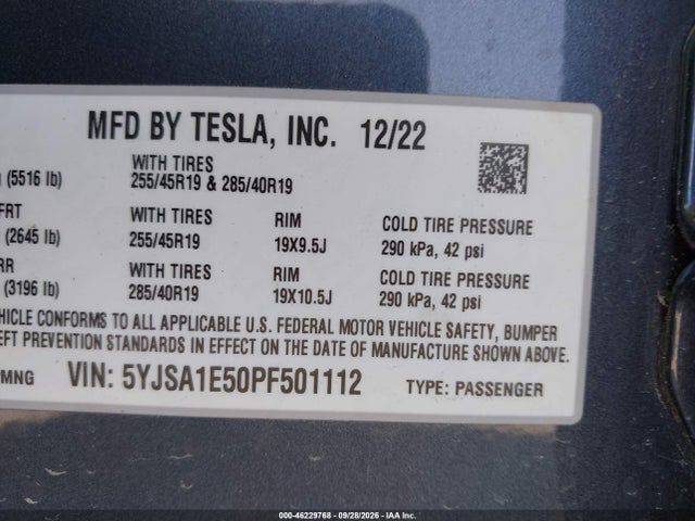 Продажа на аукционе авто 2023 Tesla Model S Dual Motor All-wheel Drive/standard Range, vin: 5YJSA1E50PF501112, номер лота: 46229768