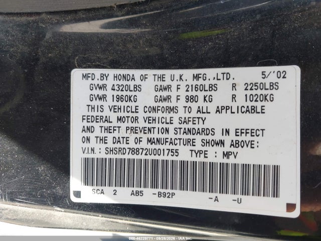 2002 Honda Cr-v Ex მანქანა იყიდება აუქციონზე, vin: SHSRD78872U001755, აუქციონის ნომერი: 46229771