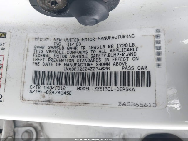 2004 Toyota Corolla S მანქანა იყიდება აუქციონზე, vin: 1NXBR32E24Z274626, აუქციონის ნომერი: 46229776