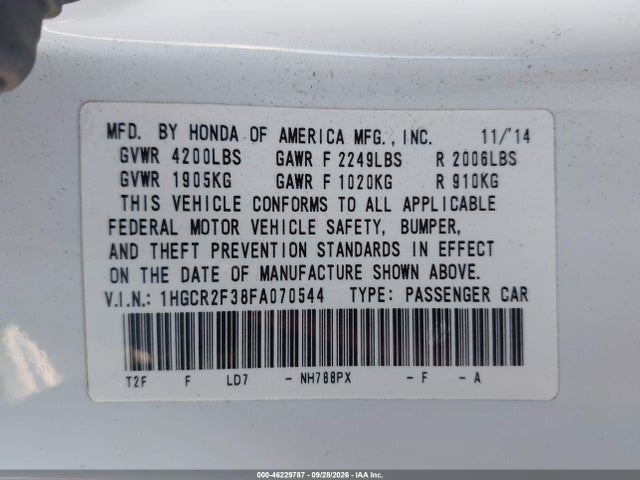 Продажа на аукционе авто 2015 Honda Accord Lx, vin: 1HGCR2F38FA070544, номер лота: 46229787