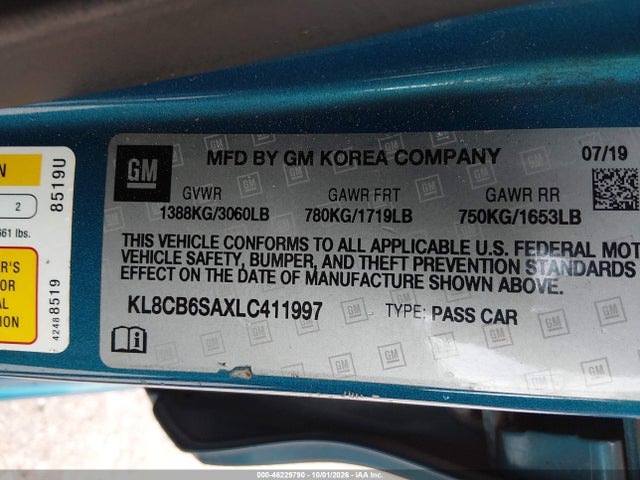 46229790 :رقم المزاد ، KL8CB6SAXLC411997 vin ، 2020 Chevrolet Spark Fwd Ls Automatic مزاد بيع