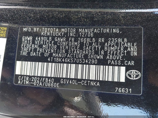 Auction sale of the 2007 Toyota Camry Le V6, vin: 4T1BK46K57U534290, lot number: 46229821