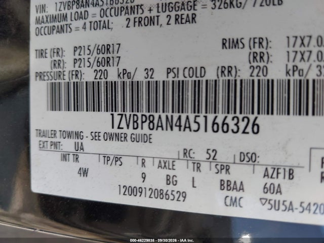 46229838 :رقم المزاد ، 1ZVBP8AN4A5166326 vin ، 2010 Ford Mustang V6/v6 Premium مزاد بيع