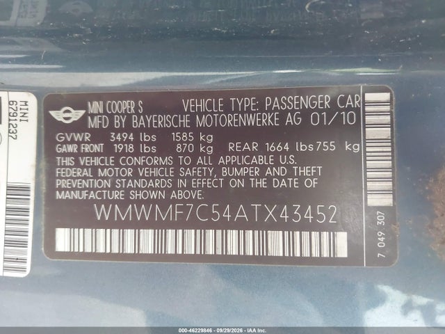 2010 Mini Cooper S მანქანა იყიდება აუქციონზე, vin: WMWMF7C54ATX43452, აუქციონის ნომერი: 46229846