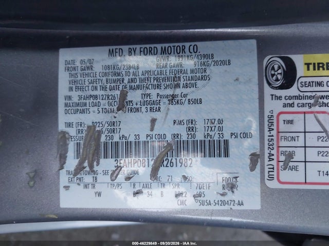 46229849 :رقم المزاد ، 3FAHP08127R261982 vin ، 2007 Ford Fusion Sel مزاد بيع