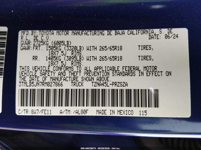 46229878 :رقم المزاد ، 3TMLB5JN7RM027866 vin ، 2024 Toyota Tacoma Trd Sport مزاد بيع