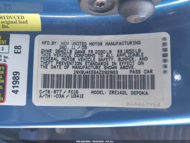 Aukcja sprzedaży 2010 Toyota Corolla Le, vin: 1NXBU4EE6AZ292963, numer aukcji: 46229894