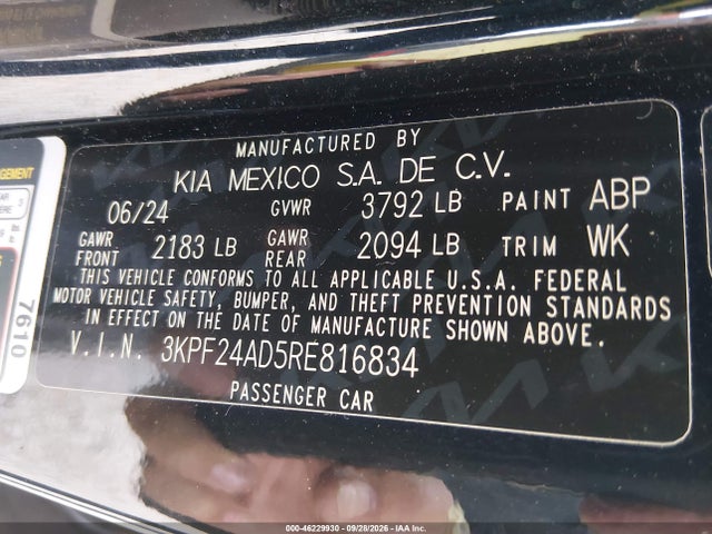 Продажа на аукционе авто 2024 Kia Forte Lxs, vin: 3KPF24AD5RE816834, номер лота: 46229930