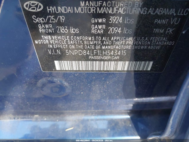 2020 Hyundai Elantra Sel მანქანა იყიდება აუქციონზე, vin: 5NPD84LF1LH543415, აუქციონის ნომერი: 46229941