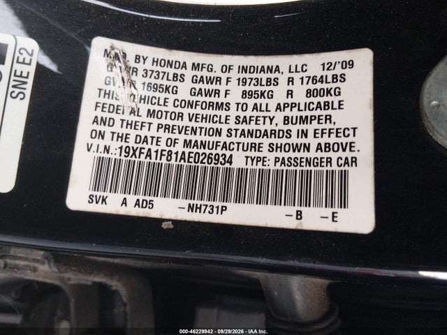 Aukcja sprzedaży 2010 Honda Civic Ex, vin: 19XFA1F81AE026934, numer aukcji: 46229942