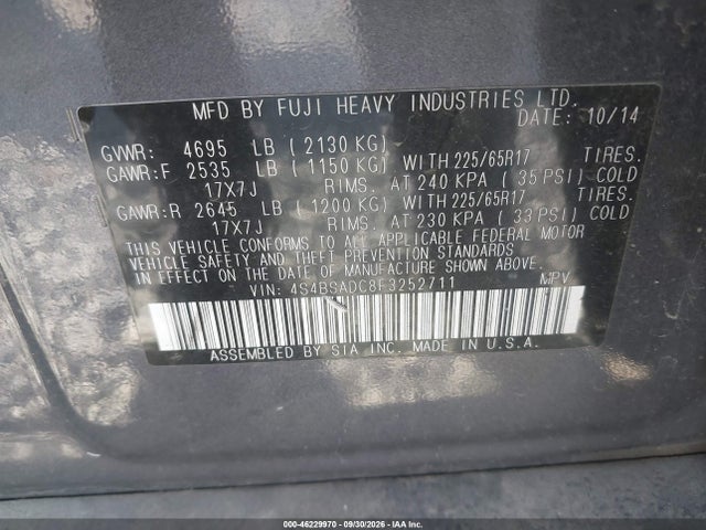 4S4BSADC8F3252711 Subaru Outback 2.5i Premium