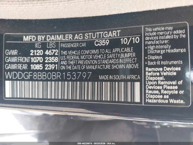Продаж на аукціоні авто 2011 Mercedes-benz C 300 Luxury 4matic/sport 4matic, vin: WDDGF8BB0BR153797, номер лоту: 46229974