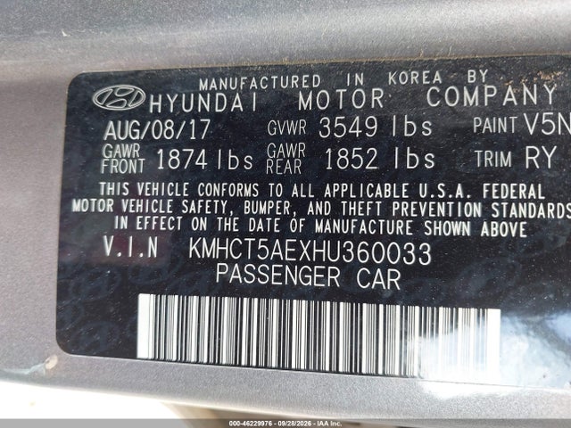 Продажа на аукционе авто 2017 Hyundai Accent Se, vin: KMHCT5AEXHU360033, номер лота: 46229976