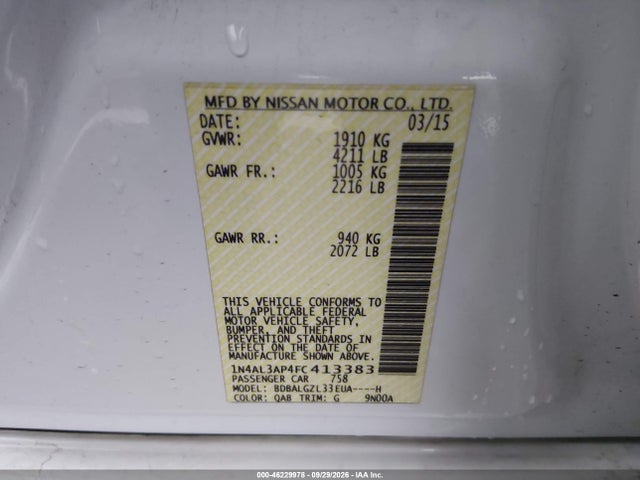 Aukcja sprzedaży 2015 Nissan Altima 2.5 S, vin: 1N4AL3AP4FC413383, numer aukcji: 46229978