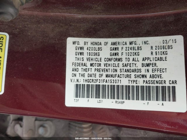 Honda ACCORD LX 2015 1HGCR2F31FA153071 Image 9