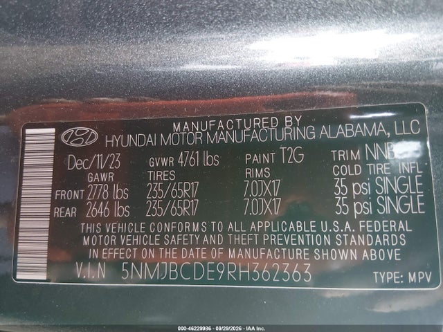 5NMJBCDE9RH362363 Hyundai TUCSON SEL