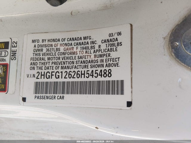 Продаж на аукціоні авто 2006 Honda Civic Lx, vin: 2HGFG12626H545488, номер лоту: 46230002
