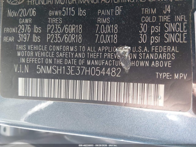 46230003 :رقم المزاد ، 5NMSH13E37H054482 vin ، 2007 Hyundai Santa Fe Limited/se مزاد بيع