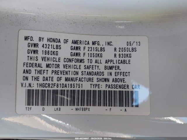 Aukcja sprzedaży 2013 Honda Accord Sdn Ex-l, vin: 1HGCR2F81DA195751, numer aukcji: 46230007