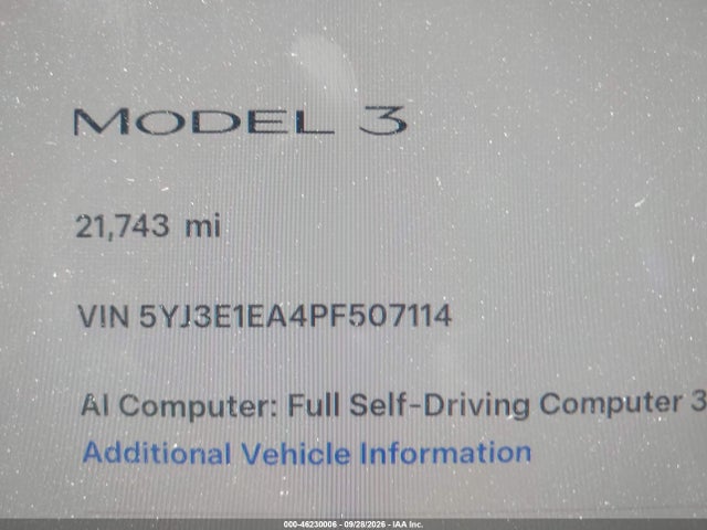 46230006 :رقم المزاد ، 5YJ3E1EA4PF507114 vin ، 2023 Tesla Model 3 Rear-wheel Drive مزاد بيع