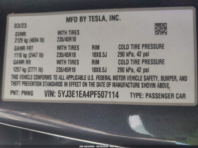 46230006 :رقم المزاد ، 5YJ3E1EA4PF507114 vin ، 2023 Tesla Model 3 Rear-wheel Drive مزاد بيع