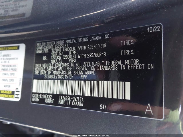 Aukcja sprzedaży 2022 Lexus Nx 350, vin: 2T2AGCEZ1NC015107, numer aukcji: 46230018