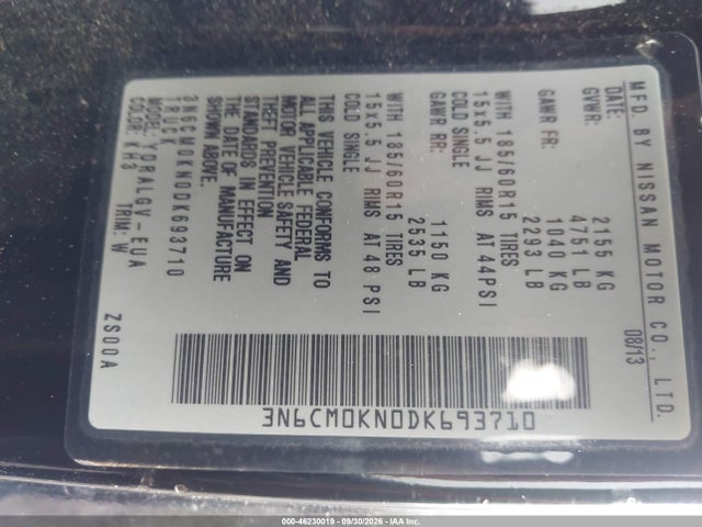 46230019 :رقم المزاد ، 3N6CM0KN0DK693710 vin ، 2013 Nissan Nv200 Sv مزاد بيع