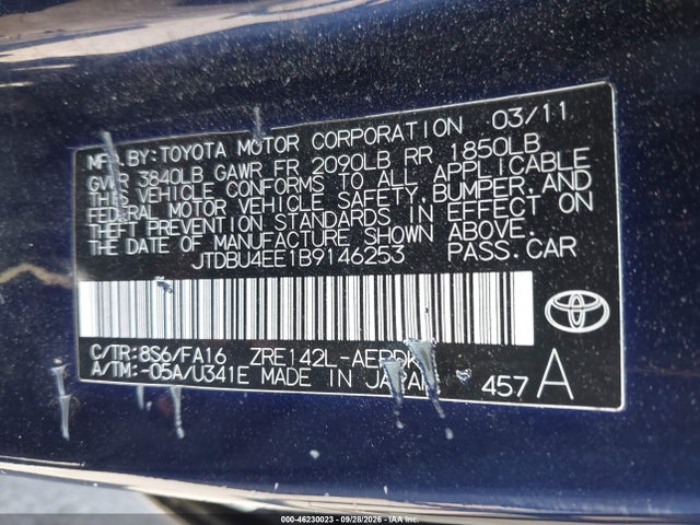 Aukcja sprzedaży 2011 Toyota Corolla, vin: JTDBU4EE1B9146253, numer aukcji: 46230023