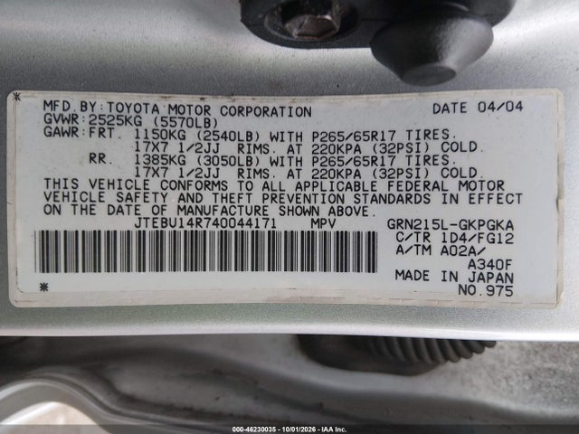 2004 Toyota 4runner Sr5 V6 მანქანა იყიდება აუქციონზე, vin: JTEBU14R740044171, აუქციონის ნომერი: 46230035